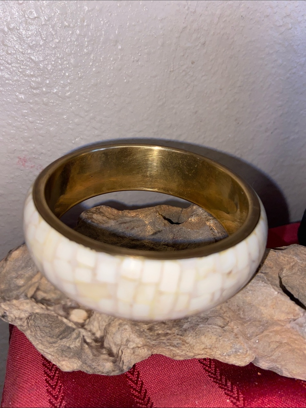 Vintage Thick Bone Mosaic Inlay Brass Bangle Bracelet